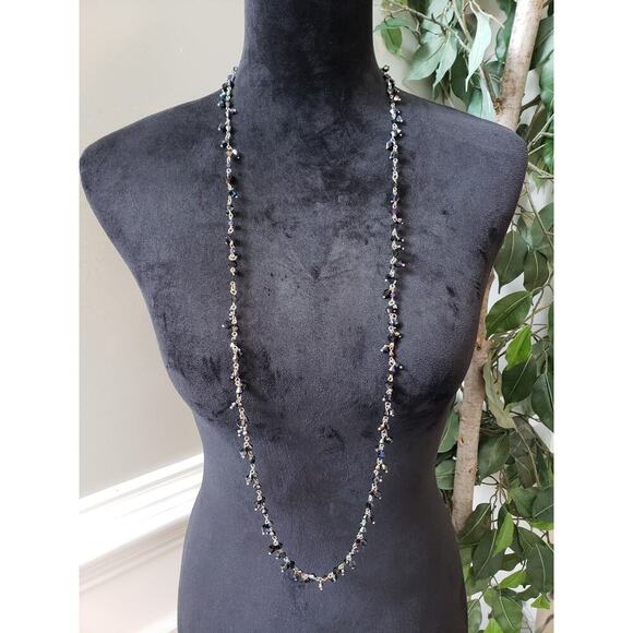 Women's Long Black Crystal Beaded Necklace Silver Chain No Clasp Handmade - Picture 2 of 5